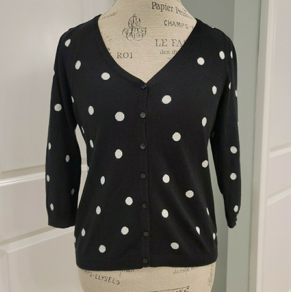 Talbots Silk Blend Black And White Dot V-Neck Cardigan - Size Small Petite - Picture 4 of 9
